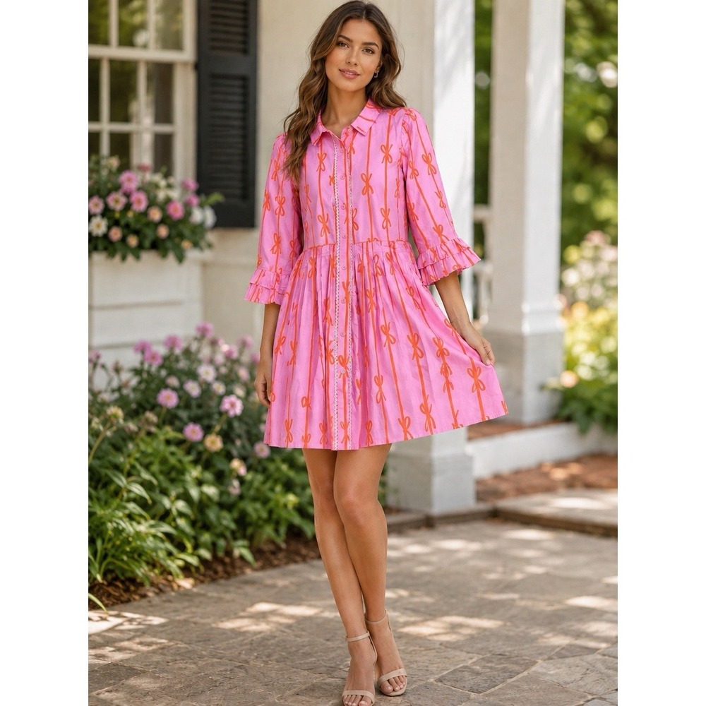 IVY CITY CO Pink Bowie Dress Medium Modest Preppy Ruffle Sleeve Cottagecore